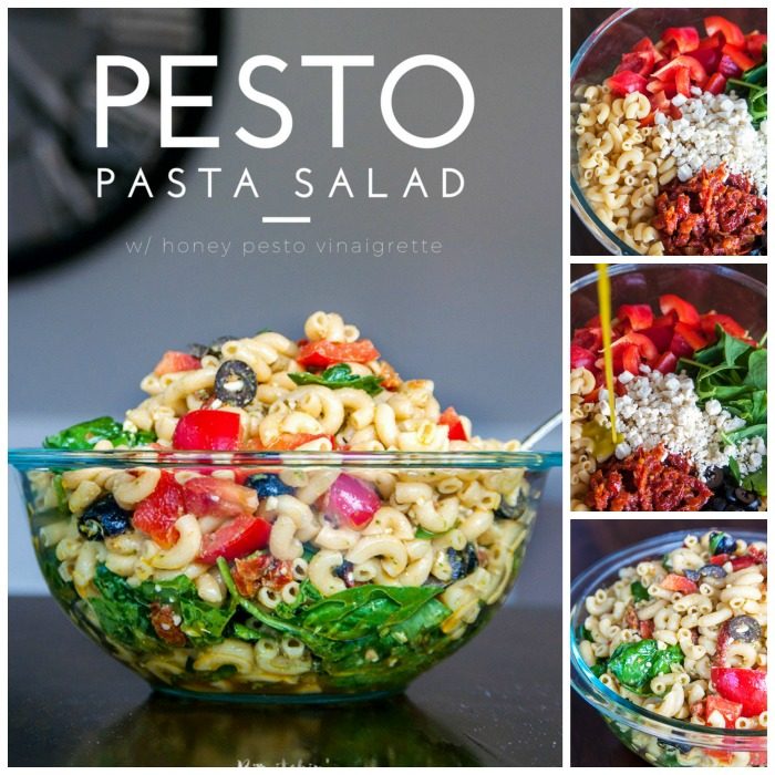 Pesto Pasta Salad - this tangy twist on a macaroni salad is my new favorite summer salad recipe. Sundried tomatoes, smart veggie pasta, spinach, feta cheese, red pepper, and olives tossed in a homemade honey pesto vinaigrette. Also makes a delicious and nutritious addition to a school lunch.