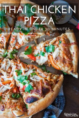 Thai Chicken Pizza - quick and easy recipe that's perfect for busy weeknights. Ready in under 30 minutes. Peanut thai sauce, chicken, carrots, cilantro and red pepper with THE BEST pizza crust recipe as a base.