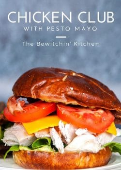 Chicken Club Pretzel Bun Sandwich - This sandwich recipe was inspired by Swiss Chalet's Chicken Club Kaiser. This is perfect for lunch, dinner or a snack and I LOVE the pesto mayo. It's an easy recipe to make if you have some pre-cooked chicken ready to go, perfect for leftovers with a twist.