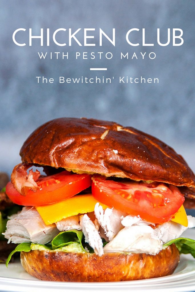 Chicken Club Pretzel Bun Sandwich - This sandwich recipe was inspired by Swiss Chalet's Chicken Club Kaiser. This is perfect for lunch, dinner or a snack and I LOVE the pesto mayo. It's an easy recipe to make if you have some pre-cooked chicken ready to go, perfect for leftovers with a twist. 