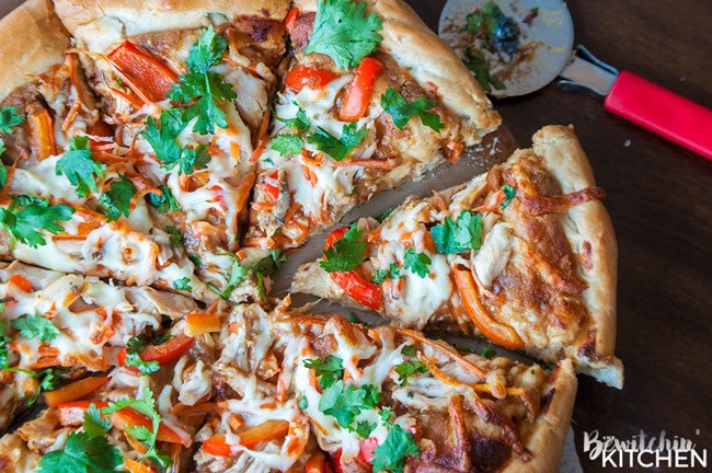 overhead view of thai chicken pizza