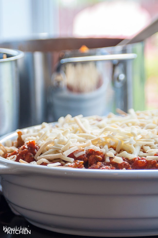 This skinny baked spaghetti recipe is a lightened up version of a classic spaghetti casserole. Both healthy and hearty, this wholesome dinner recipe favorite uses ancient grain pasta and the best spaghetti sauce ever. This sauce has tons of vegetables, light cheese (part skim mozzarella), and both ground turkey and turkey Italian sausage. A healthy baked spaghetti recipe is within reach, add it to your meal plan!