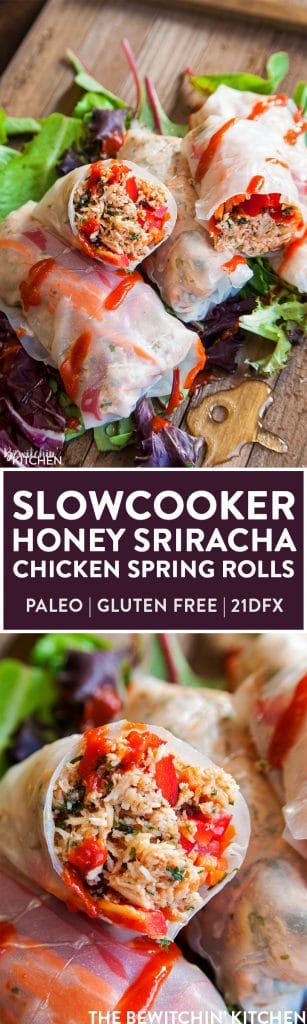 Slow Cooker Honey Sriracha Chicken Spring Rolls - this crockpot dinner recipe uses rice paper wrappers and is not only gluten free but paleo and 21 day fix approved as well. | TheBewitchinKitchen.com