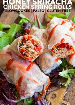 Honey Sriracha Chicken Spring Rolls - this slow cooker dinner recipe uses rice paper wrappers and is not only gluten free but paleo and 21 day fix approved as well. | TheBewitchinKitchen.com