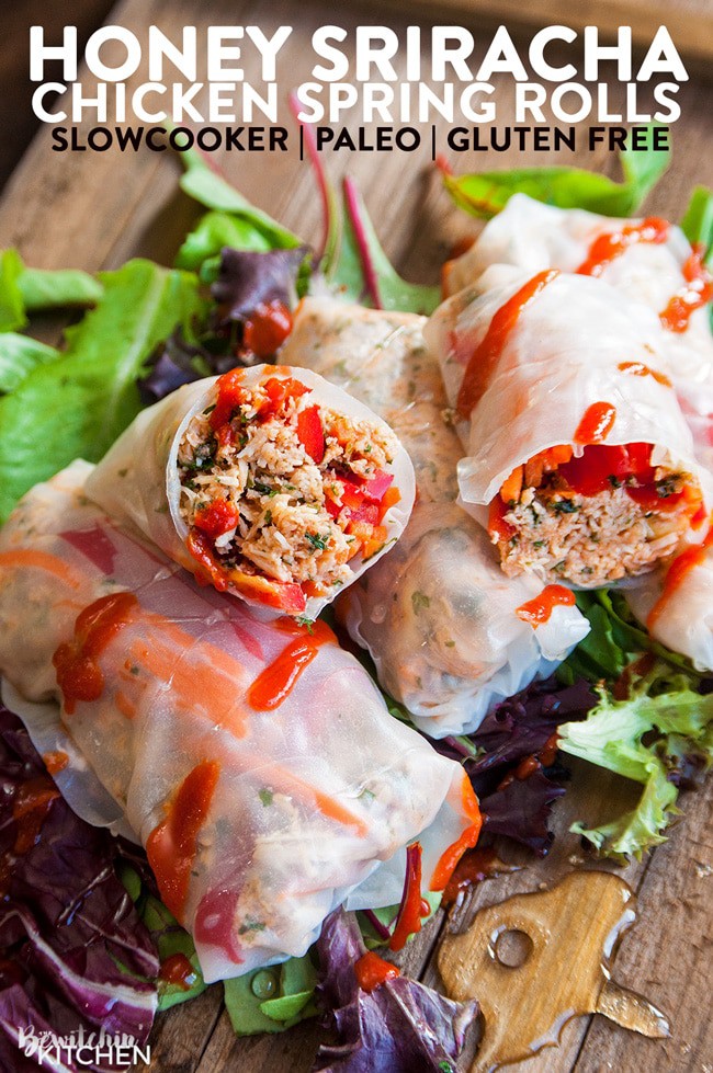 Honey Sriracha Chicken Spring Rolls - this slow cooker dinner recipe uses rice paper wrappers and is not only gluten free but paleo and 21 day fix approved as well. | TheBewitchinKitchen.com