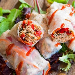 Honey Sriracha Chicken Spring Rolls - this slow cooker dinner recipe uses rice paper wrappers and is not only gluten free but paleo and 21 day fix approved as well. | TheBewitchinKitchen.com