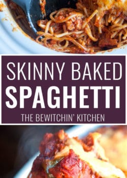 This skinny baked spaghetti recipe is a lightened up version of a classic spaghetti casserole. Both healthy and hearty, this wholesome dinner recipe favorite uses ancient grain pasta and the best spaghetti sauce ever. This sauce has tons of vegetables, light cheese (part skim mozzarella), and both ground turkey and turkey Italian sausage. A healthy baked spaghetti recipe is within reach, add it to your meal plan!