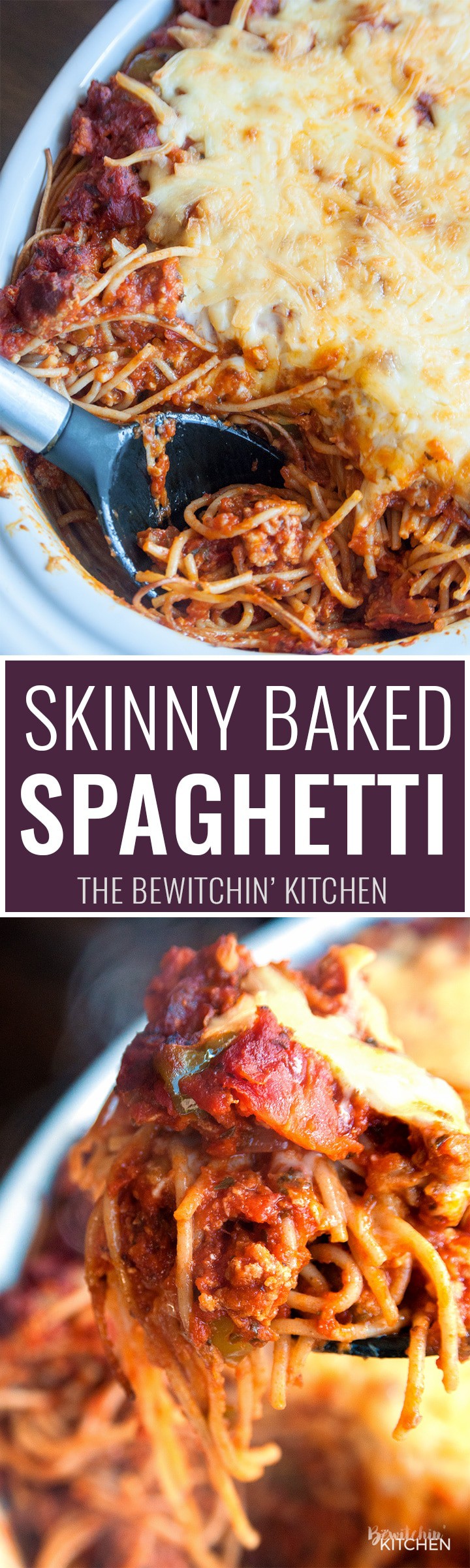 This skinny baked spaghetti recipe is a lightened up version of a classic spaghetti casserole. Both healthy and hearty, this wholesome dinner recipe favorite uses ancient grain pasta and the best spaghetti sauce ever. This sauce has tons of vegetables, light cheese (part skim mozzarella), and both ground turkey and turkey Italian sausage. A healthy baked spaghetti recipe is within reach, add it to your meal plan!