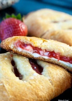 Strawberry Rhubarb Hand Pies. These cream cheese filled strawberry rhubarb turnovers only have three ingredients. Super easy dessert recipe!