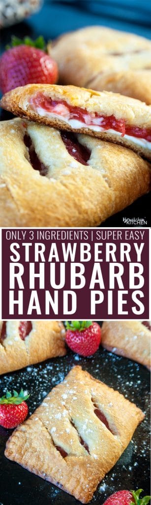 Strawberry Rhubarb Hand Pies. These cream cheese filled strawberry rhubarb turnovers only have three ingredients. Super easy dessert recipe!