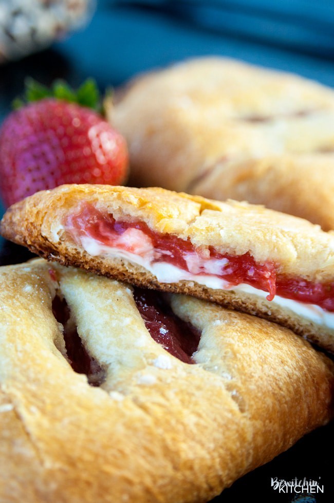 Strawberry Rhubarb Hand Pies. These cream cheese filled strawberry rhubarb turnovers only have three ingredients. Super easy dessert recipe!