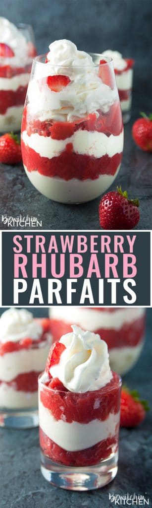 Strawberry Rhubarb Parfaits - an easy no bake dessert using greek yogurt and strawberry rhubarb pie filling.