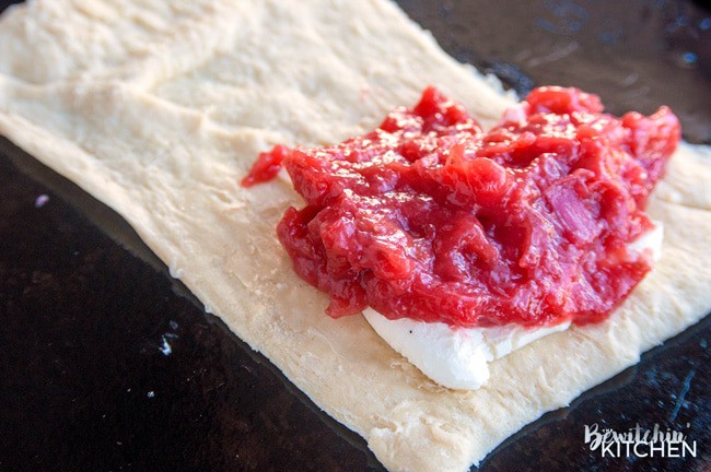 Strawberry Rhubarb Hand Pies. These cream cheese filled strawberry rhubarb turnovers only have three ingredients. Super easy dessert recipe!