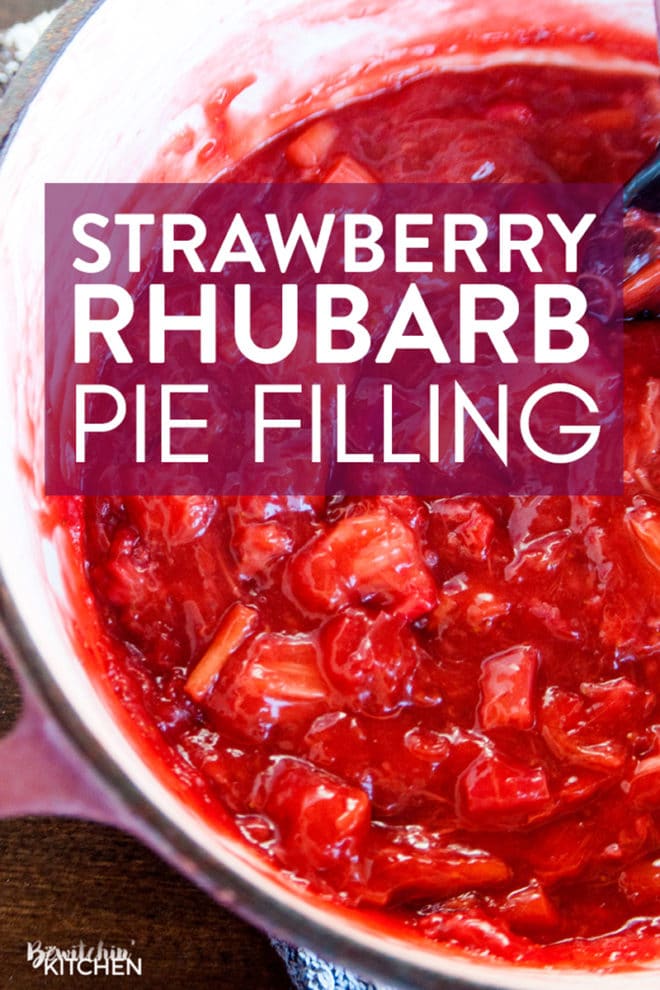 pot of strawberry rhubarb pie filling with text overlay