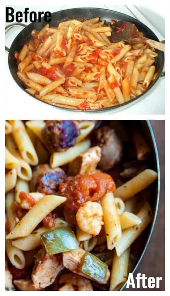 Look at this food photography before and after! This is the same recipe for Penne Jambalaya! How to improve your food photography with tips from Food Blogger Pro.