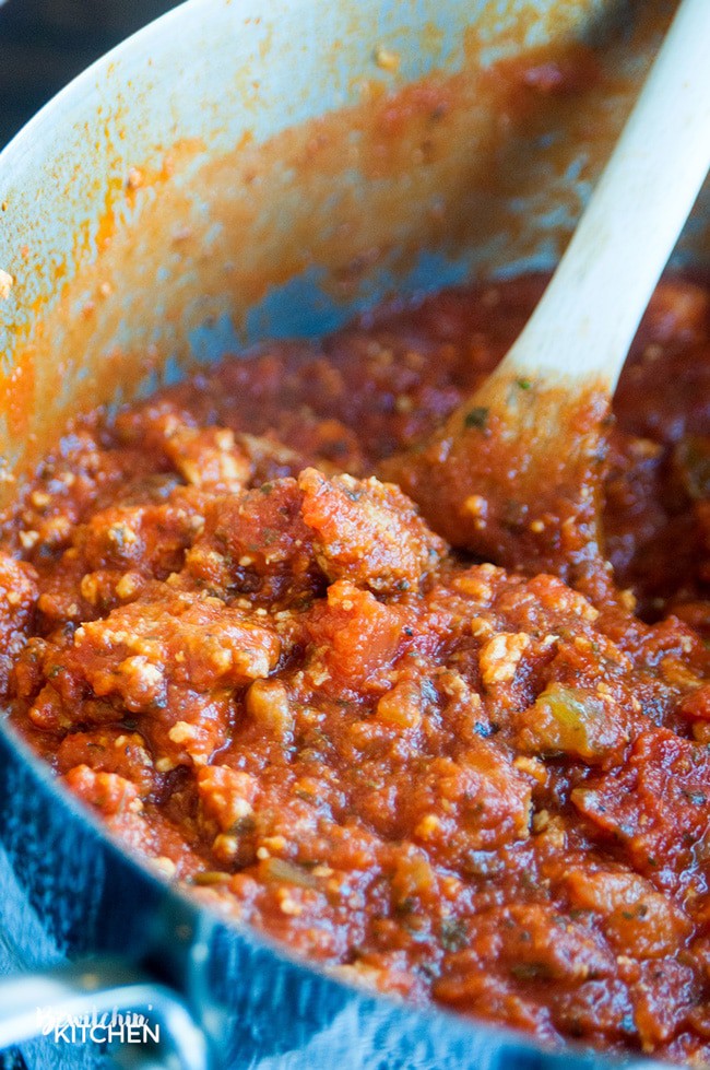 This skinny baked spaghetti recipe is a lightened up version of a classic spaghetti casserole. Both healthy and hearty, this wholesome dinner recipe favorite uses ancient grain pasta and the best spaghetti sauce ever. This sauce has tons of vegetables, light cheese (part skim mozzarella), and both ground turkey and turkey Italian sausage. A healthy baked spaghetti recipe is within reach, add it to your meal plan!