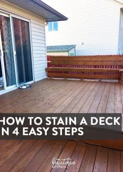 How to stain a deck in 4 easy steps. This DIY deck renovation uses Behr's Premium Deck Stripper, Wood Cleaner and Semi-Transparent Stain in Redwood Naturaltone. The before and after looks incredible!