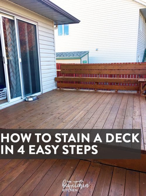 How to stain a deck in 4 easy steps. This DIY deck renovation uses Behr's Premium Deck Stripper, Wood Cleaner and Semi-Transparent Stain in Redwood Naturaltone. The before and after looks incredible!