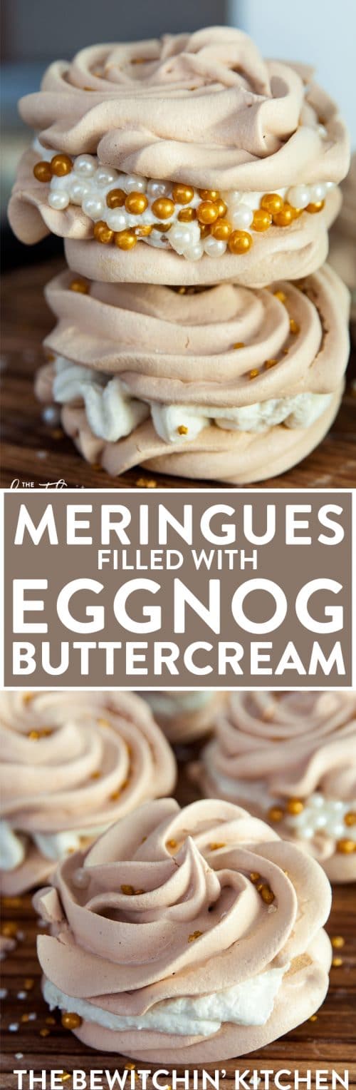 Christmas Meringues filled with an eggnog buttercream frosting. A delicious dessert that is sure to be a hit at holiday parties. They're easy to make too!