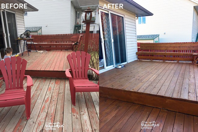 How to stain a deck in 4 easy steps. This DIY deck renovation uses Behr's Premium Deck Stripper, Wood Cleaner and Semi-Transparent Stain in Redwood Naturaltone. The before and after looks incredible!