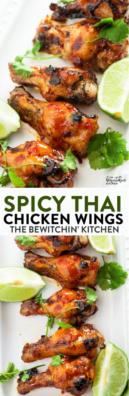 Spicy Thai Chicken Wings - a sweet twist on hot wings using thai chili sauce, limes, sriracha and a few other secret ingredients. A new favorite appetizer for the game, tailgating or a party.