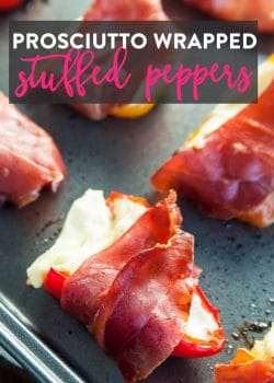 Prosciutto Wrapped Stuffed Peppers Recipe - these easy stuffed peppers are loaded with cream cheese and wrapped with salt prosciutto (fancy bacon). Perfect appetizer for parties and the holidays (like Christmas, Thanksgiving and New Years).