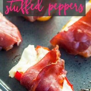 Prosciutto Wrapped Stuffed Peppers Recipe - these easy stuffed peppers are loaded with cream cheese and wrapped with salt prosciutto (fancy bacon). Perfect appetizer for parties and the holidays (like Christmas, Thanksgiving and New Years).