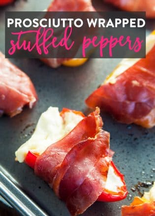 Prosciutto Wrapped Stuffed Peppers Recipe - these easy stuffed peppers are loaded with cream cheese and wrapped with salt prosciutto (fancy bacon). Perfect appetizer for parties and the holidays (like Christmas, Thanksgiving and New Years).