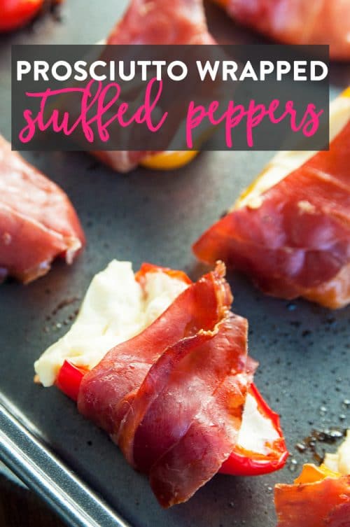 Prosciutto Wrapped Stuffed Peppers Recipe - these easy stuffed peppers are loaded with cream cheese and wrapped with salt prosciutto (fancy bacon). Perfect appetizer for parties and the holidays (like Christmas, Thanksgiving and New Years). 