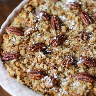 Pumpkin French Toast Bake in a white casserole dish