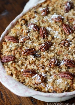 Pumpkin French Toast Bake in a white casserole dish