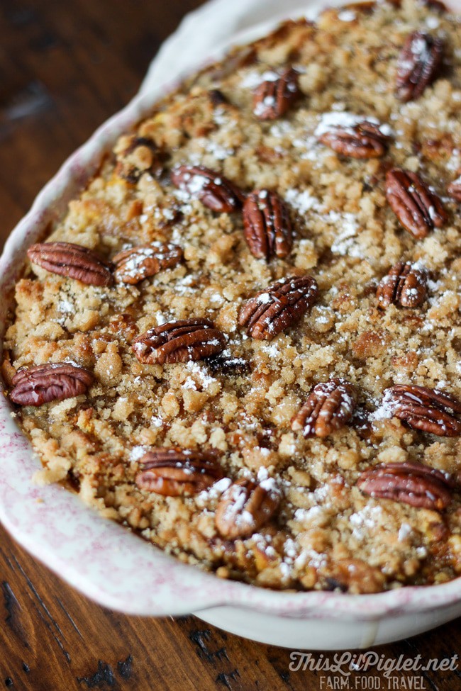 Pumpkin French Toast Bake in a white casserole dish