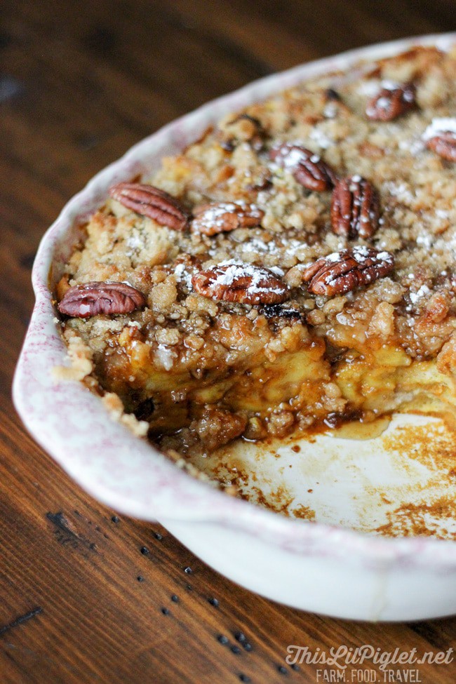 pan of baked pumpkin french toast missing a slice