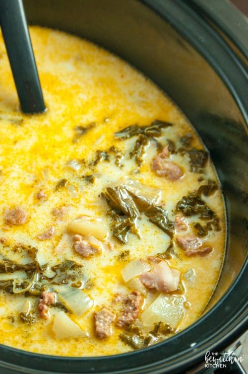 overhead: zuppa toscana soup cooking in acrockpot