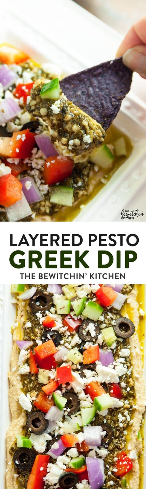 Layered Pesto Greek Dip - EASIEST DIP RECIPE EVER! This Mediterranean inspired appetizer uses hummus, pesto, feta, peppers, olives, and cucumbers. Goes great with veggies and chips. 21 Day Fix approved and a healthy appetizer recipe.