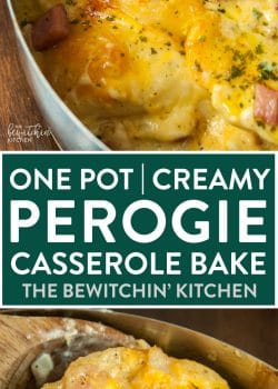 One pot perogie casserole bake - these creamy baked pierogies are AMAZING and a super easy dinner recipe! Perogies, cream, butter, garlic sausage, bacon, onions and cheese.