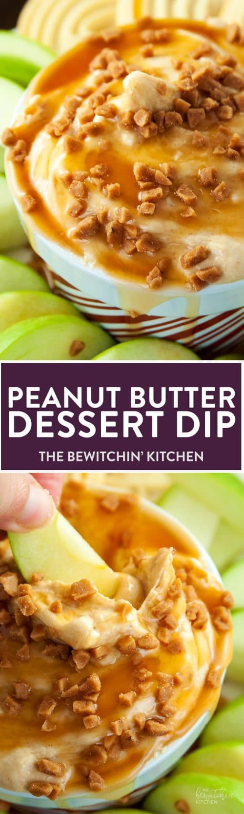 Peanut Butter Dip - calling all peanutbutter lovers! This creamcheese dessert dip is heaven on earth. Goes great with apples or shortbread cookies. I love the crunch of the skor topping too. So darn good! | thebewitchinkitchen.com