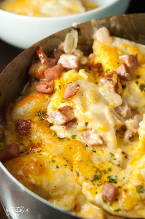 pierogi casserole with garlic sausage, bacon, onions and cheese.