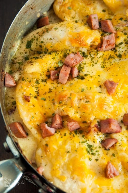 skillet pierogi with bacon, sausage, and cheese