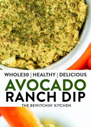 Looking for a healthy dip recipe? Check out this Avocado Ranch Dip. This appetizer is Whole30, Paleo and loaded with veggies and healthy fats. The secret ingredient? Cauliflower!