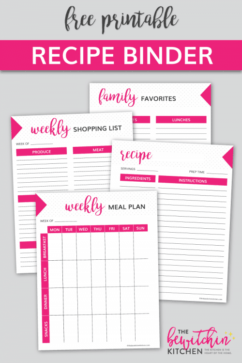 Download your free recipe binder printable pack! These free printables include a weekly meal plans, weekly shopping lists, recipe cards, and a worksheet to save your family favorites. 