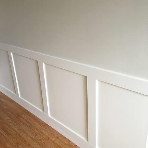 DIY Wainscoting renovation. I never thought installing wainscotting would be so easy. Here is some great inspiration! (Color: Benjamin Moore Cloud White.)