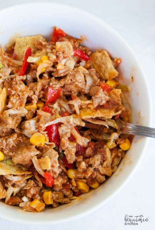 Turkey Taco Bowl with Spicy Avocado Dressing - an easy recipe to use up leftover tacos! They're simple to put together and are a healthy lunch idea PLUS a yummy dinner.