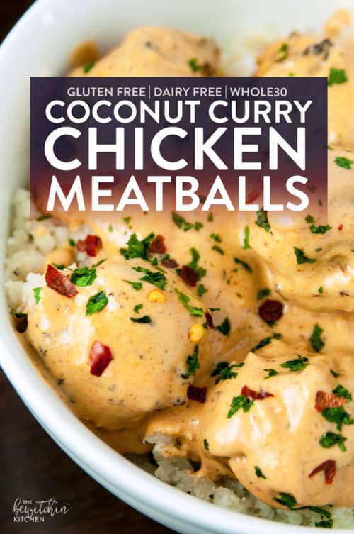 Overheat shot of whole30 coconut curry chicken meatballs recipe.