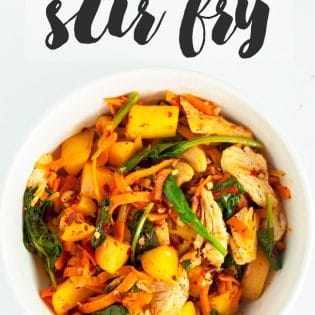 Spicy Chicken and Apple Sweet Potato Stir Fry recipe - a clean eating meal idea that's whole30 compliant and paleo approved. Makes a quick lunch or an easy healthy dinner.