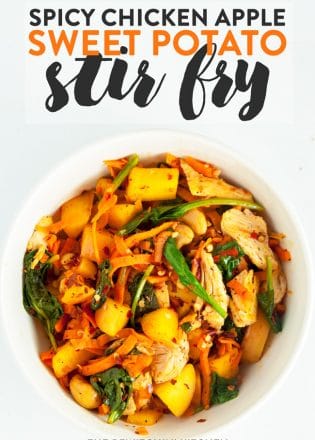 Spicy Chicken and Apple Sweet Potato Stir Fry recipe - a clean eating meal idea that's whole30 compliant and paleo approved. Makes a quick lunch or an easy healthy dinner.