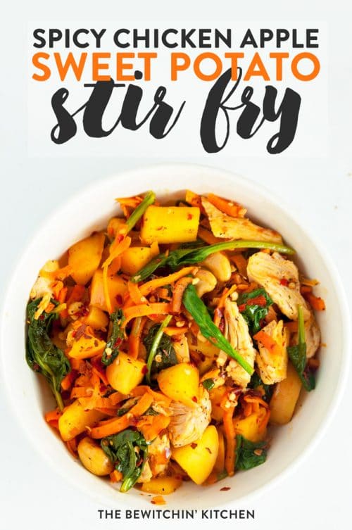 Spicy Chicken and Apple Sweet Potato Stir Fry recipe - a clean eating meal idea that's whole30 compliant and paleo approved. Makes a quick lunch or an easy healthy dinner.
