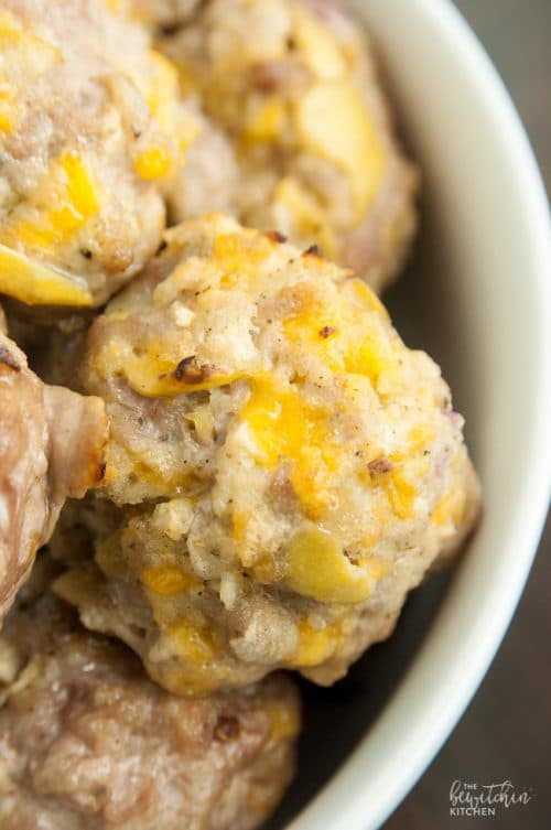 Loaded Pork Meatballs - these pork balls are jam-packed with cheddar and apple making this a comfort food favorite. It's gluten free too, a great week night dinner recipe.