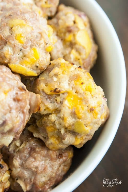 Loaded Pork Meatballs - these pork balls are jam-packed with cheddar and apple making this a comfort food favorite. It's gluten free too, a great week night dinner recipe.