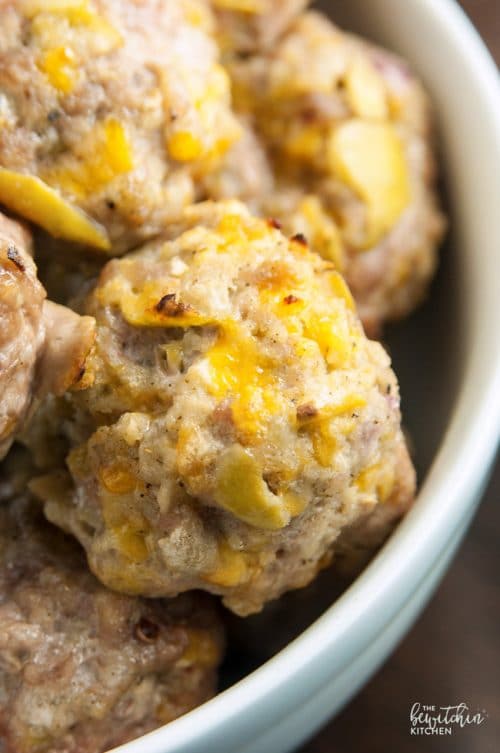 Loaded Pork Meatballs - these pork balls are jam-packed with cheddar and apple making this a comfort food favorite. It's gluten free too, a great week night dinner recipe.